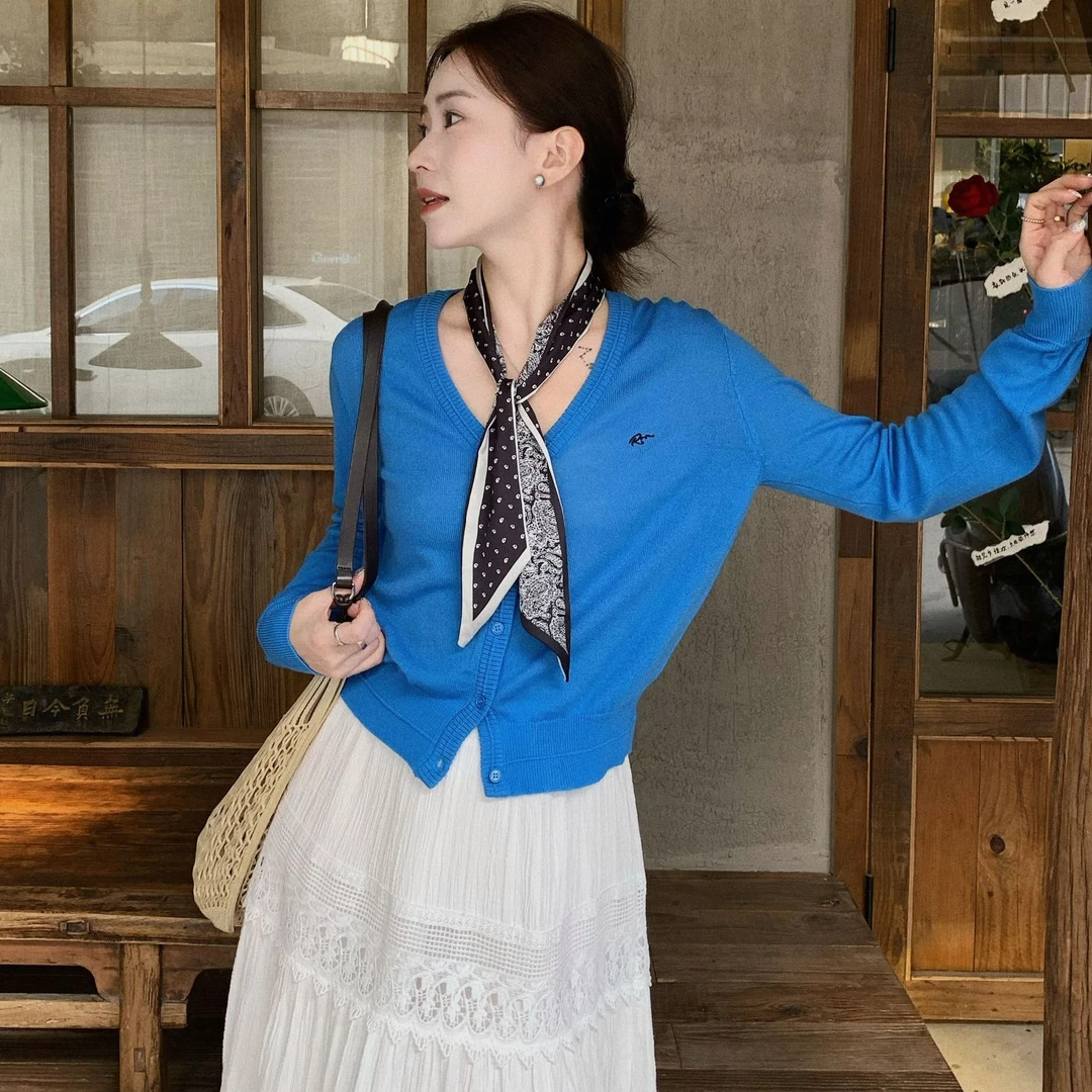 SUNCC自制 蓝莓酱 配丝巾巨显白气质显瘦明媚百搭刺绣针织上衣