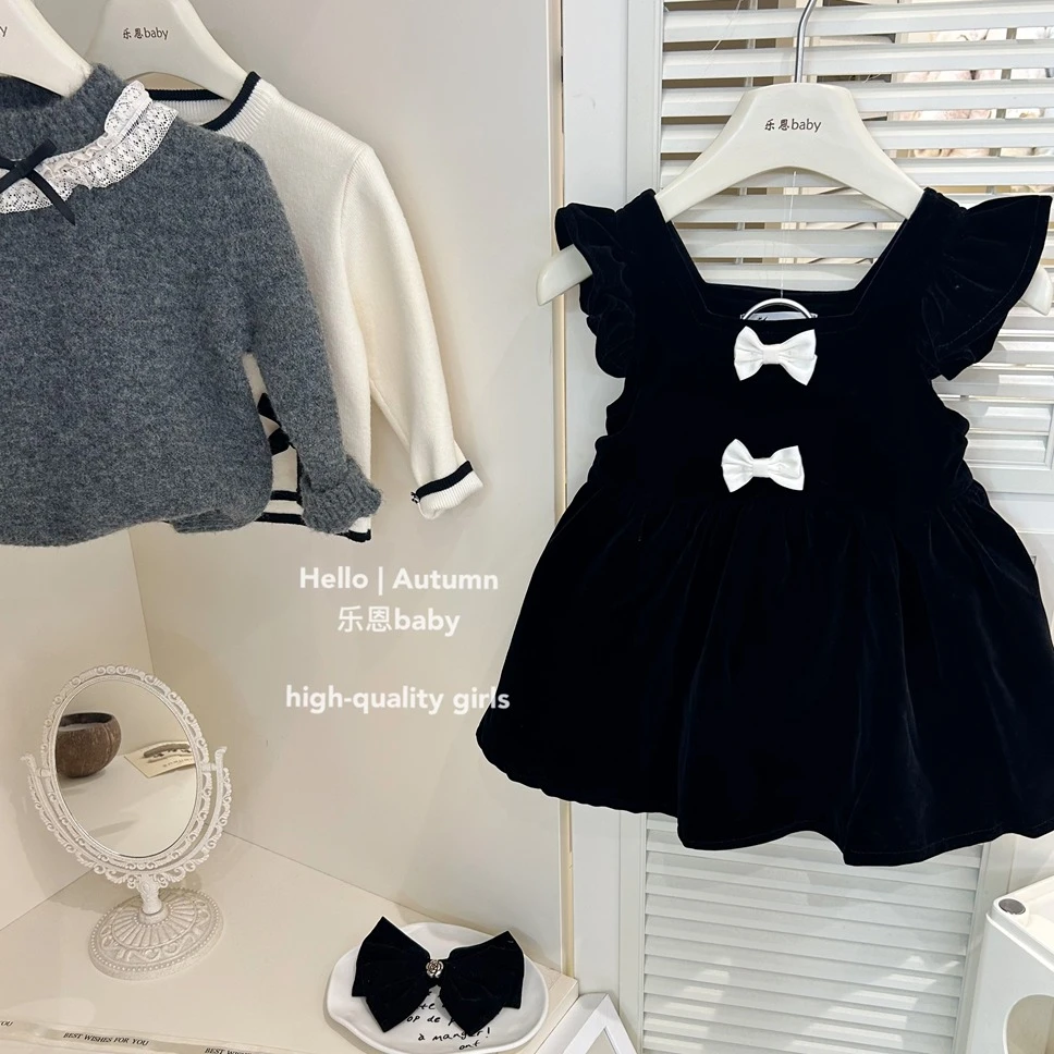 现货【乐恩童装】女童秋冬新款黑色蝴蝶结加绒背心裙宝宝公主裙套装