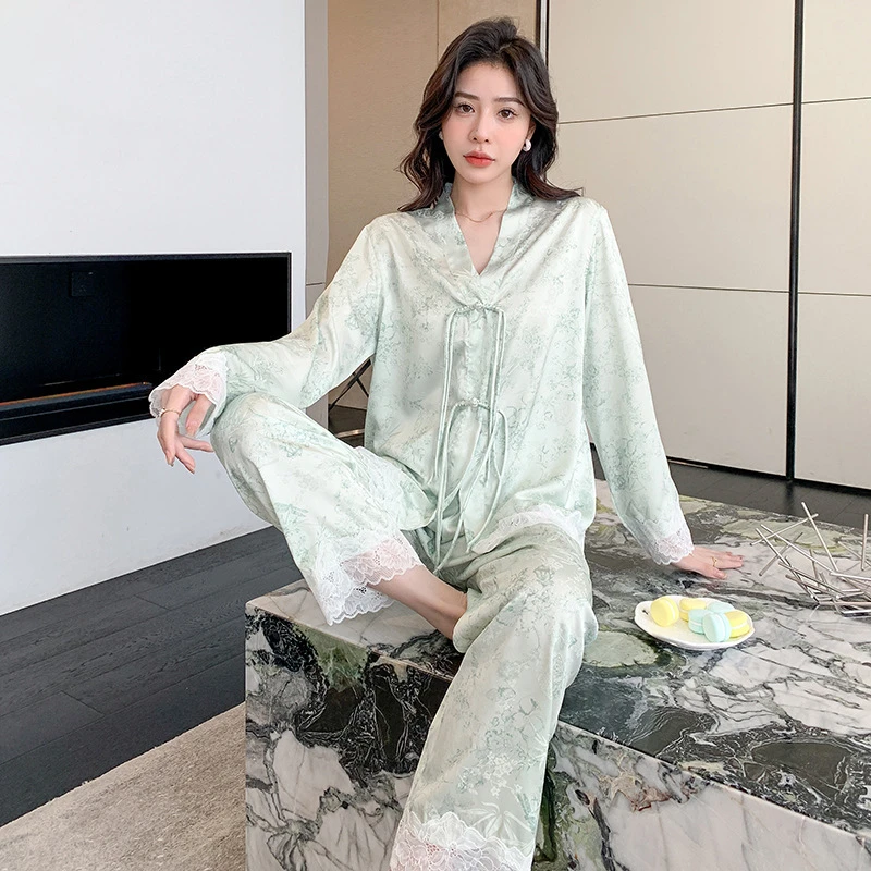 SUJIANGNIAO20252025新款女士睡衣v领国风提花薄款冰丝蕾丝套装爆