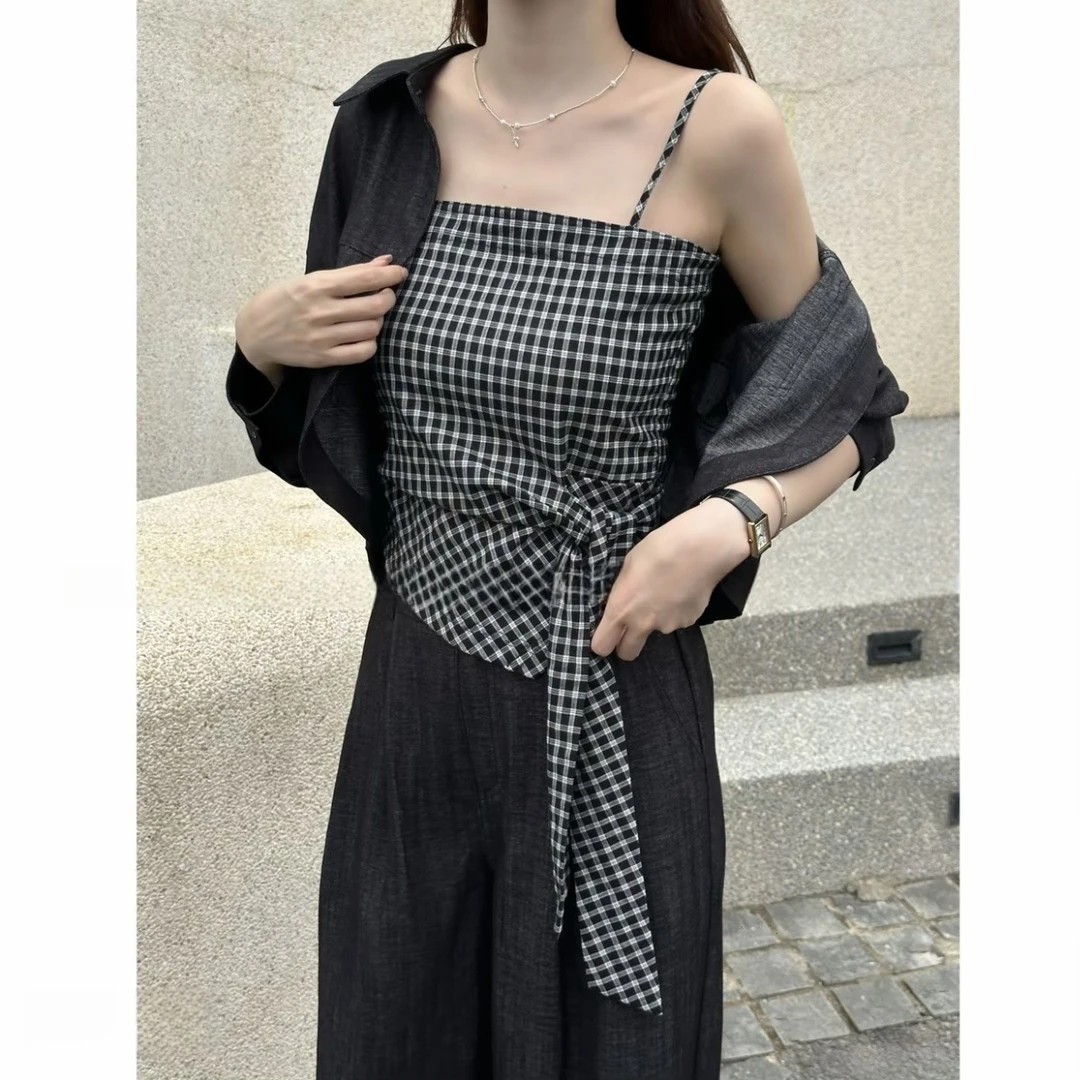 设计感系带格子吊带上衣2025秋季新款通勤外穿不规则打底无袖背心