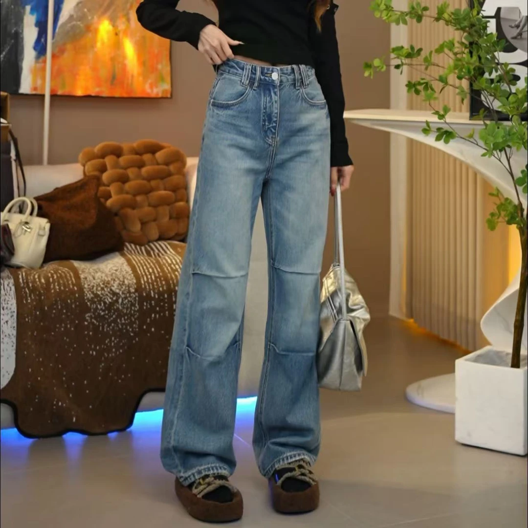 笑歌-2025新款个性褶皱设计水洗直筒牛仔裤