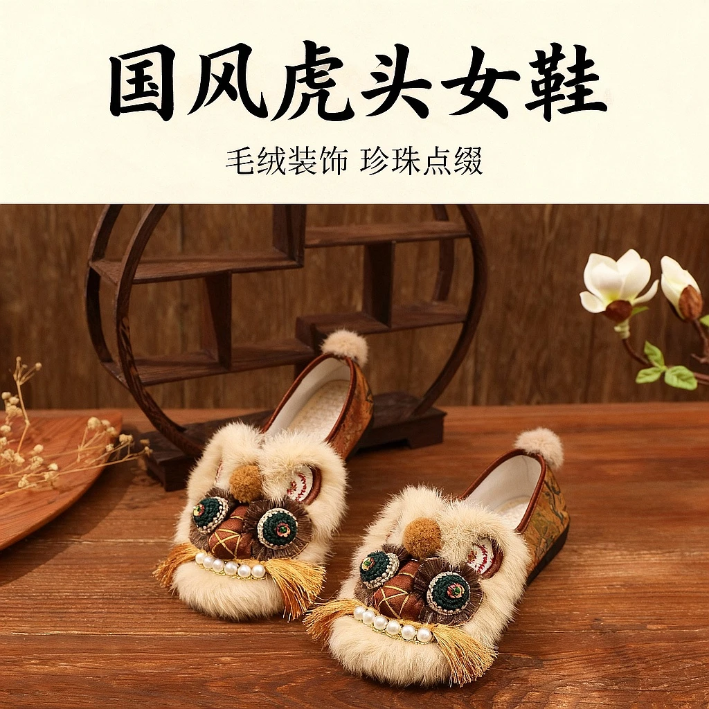 【生万物】平跟浅口女一脚蹬国风刺绣手工透气百搭包头虎头鞋深咖色