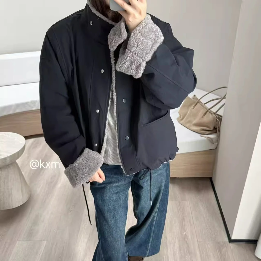 欧洲站复古派克加厚羊羔毛拼色外套女2025冬季新款韩版宽松上衣潮