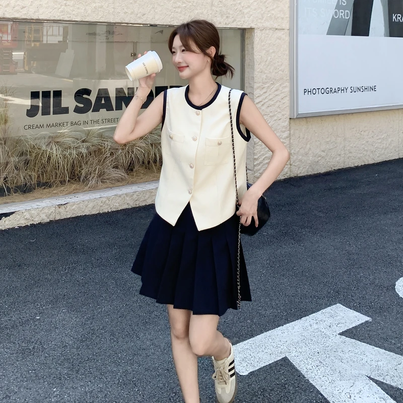 气质高级感小香风马甲套装裙女夏季2025新款小个子百褶短裙两件套