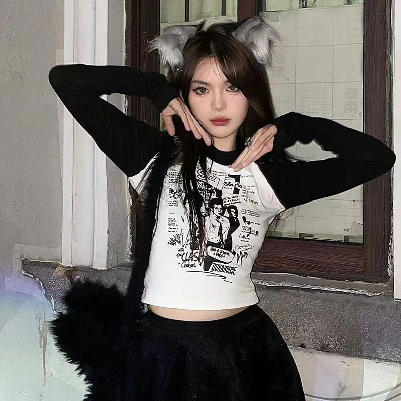 辣妹美式纯欲风短款印花长袖T恤女秋季设计感拼接修身打底衫上衣