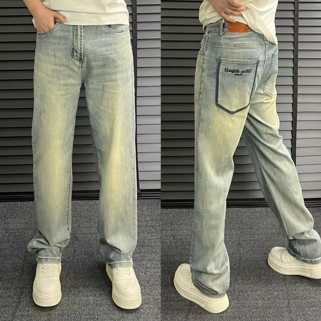 28023春夏蓝色复古直筒阔腿垂感牛仔裤潮男