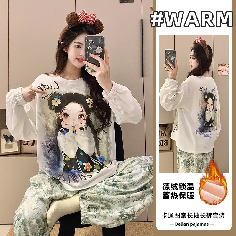 德绒睡衣女2025年新款可爱卡通加厚长袖长裤秋冬季爆款家居服套装