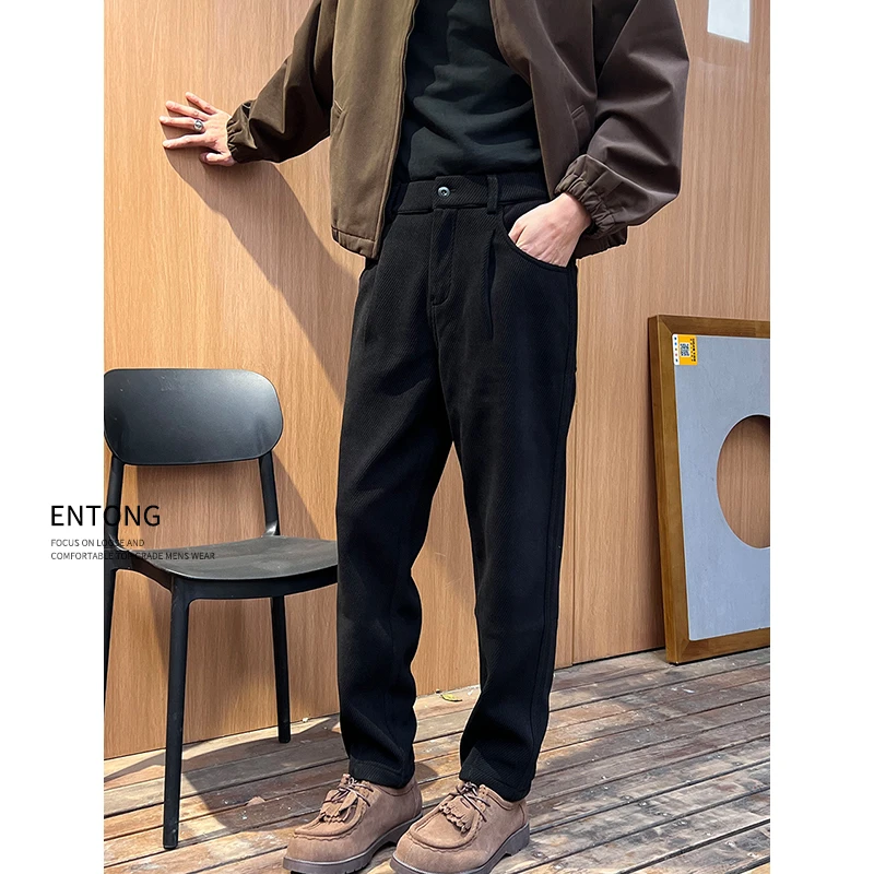 Entong男生休闲裤日系复古灯芯绒小脚哈伦裤子高级感百搭直筒长裤