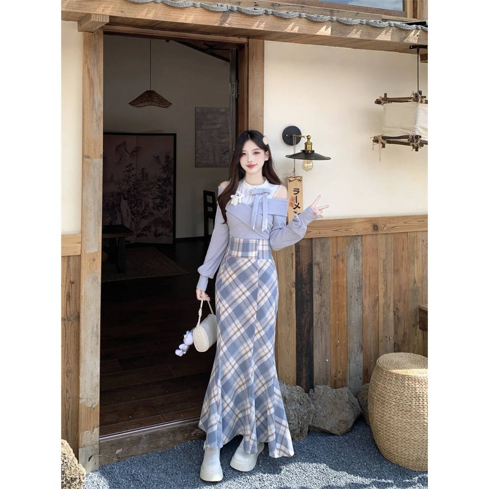 实拍 雾蓝小熊 千金感格纹包臀半身鱼尾裙女秋假两件蓝上衣