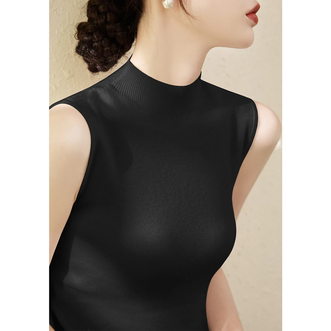 黑色半高领无袖打底背心上衣夏季新款莱赛尔天丝修身显瘦针织衫女
