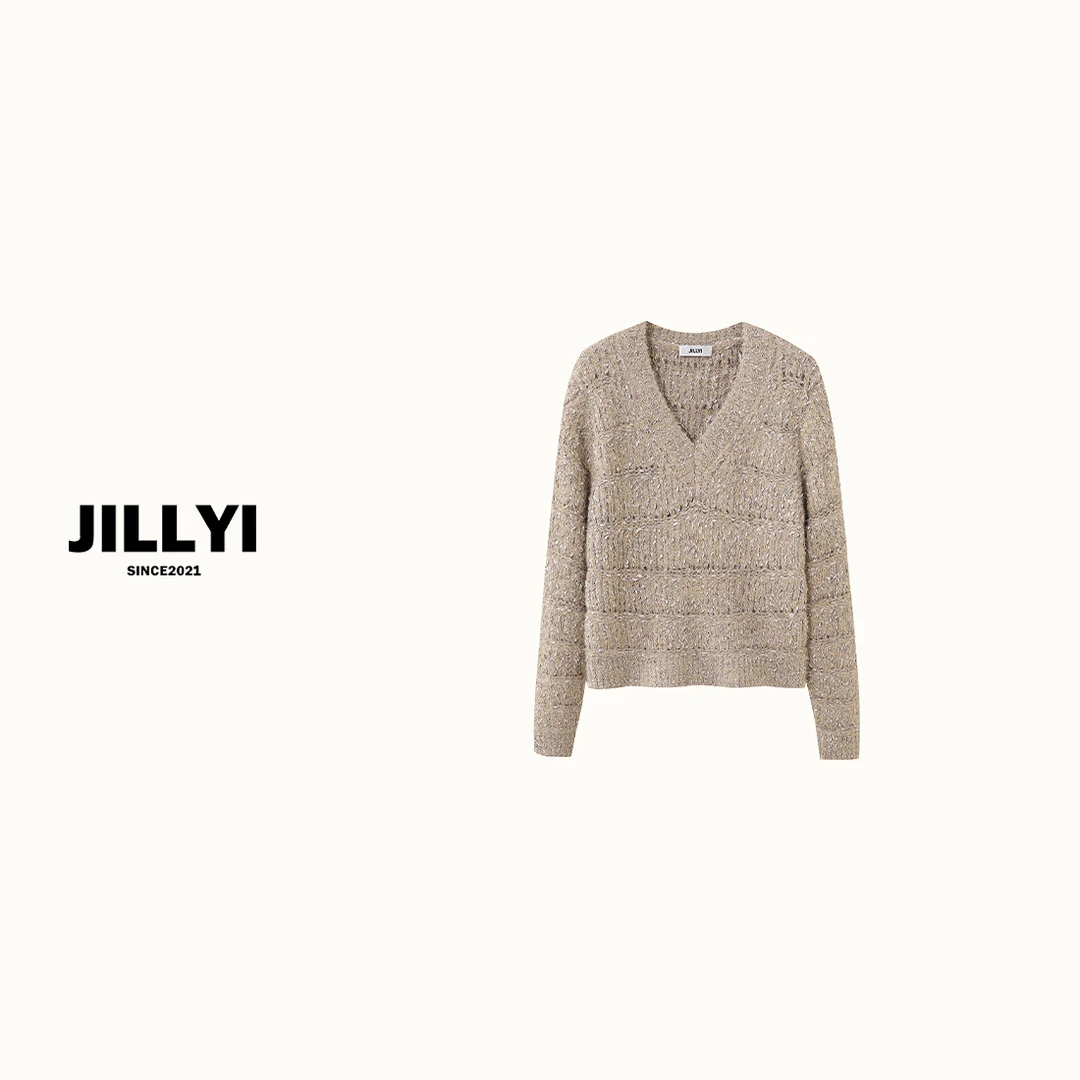JILLYI【暖冬榛果】杏灰色V领亮丝工艺时尚千金气质百搭针织衫