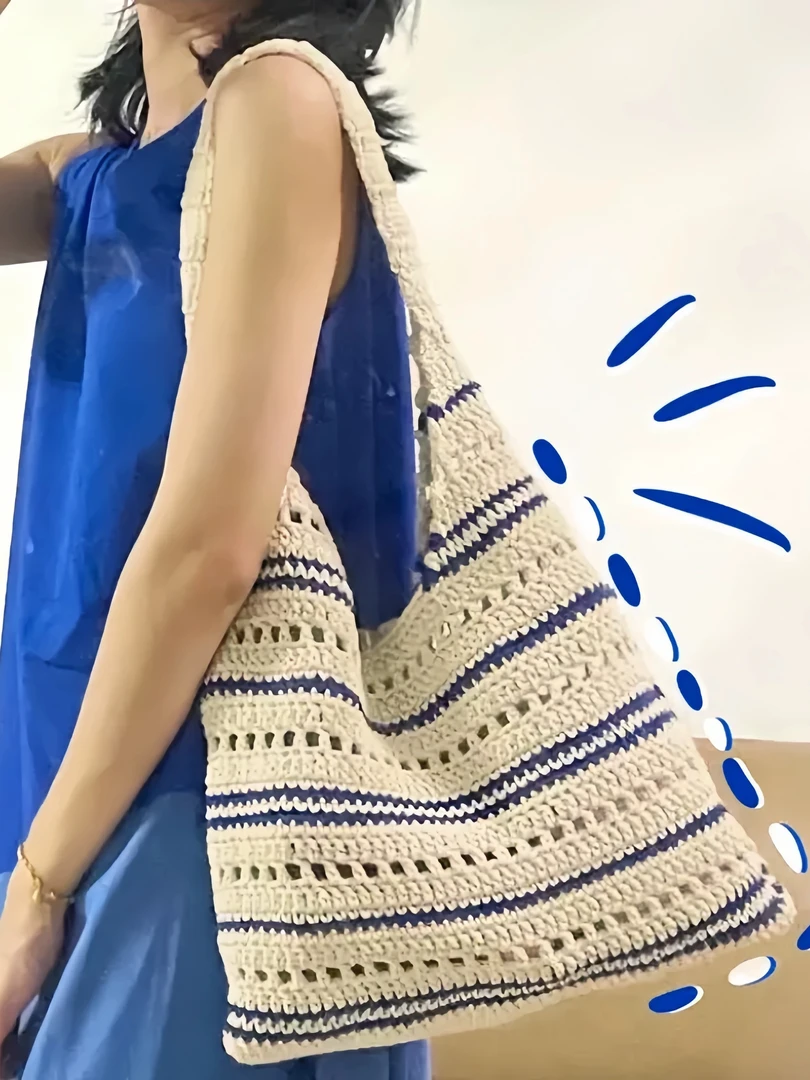 蓝盐之夏手工钩针棉绳蓝色条纹休闲时尚白搭单肩女包