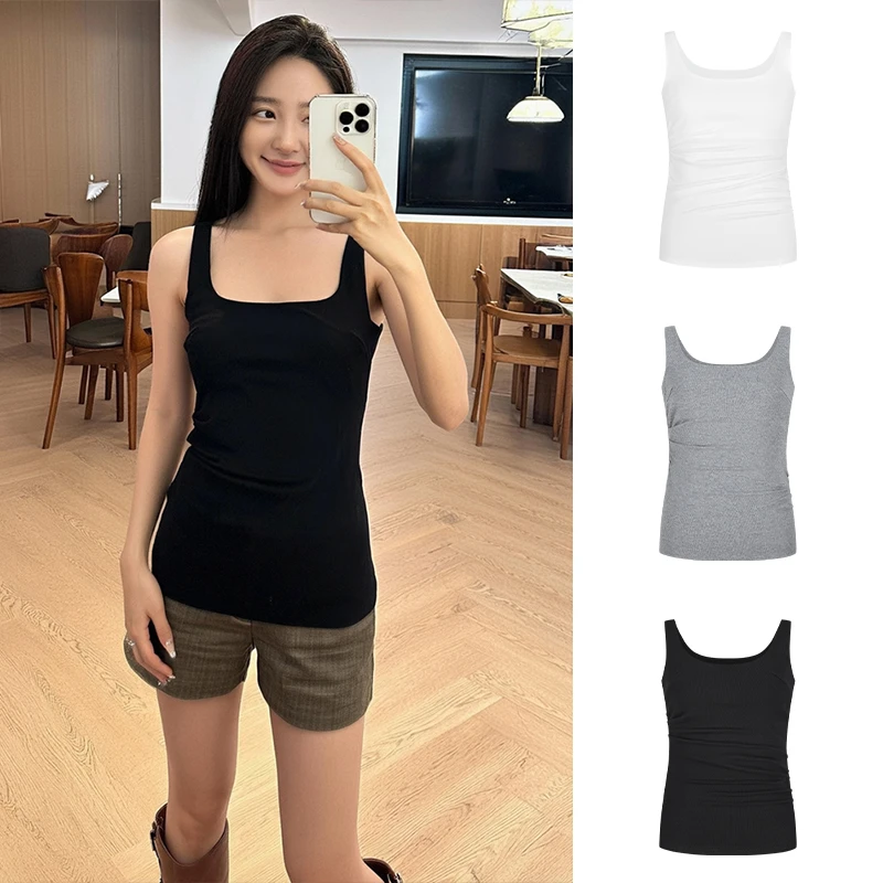 Moses Queen/魔西女王法式复古纯色吊带背心女设计感抽褶辣妹上衣