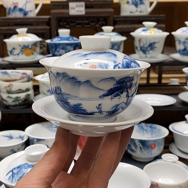 手绘微瑕山水盖碗