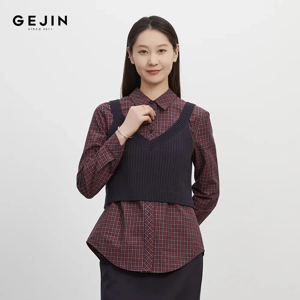 GEJIN/歌锦早秋新款百搭复古英伦风格纹休闲时尚衬衫9322520453