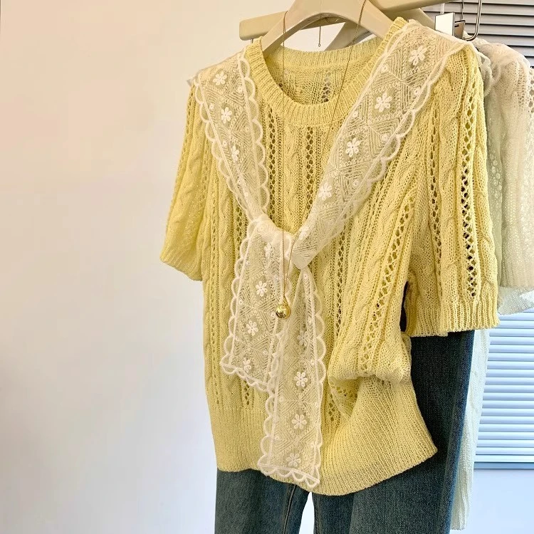温柔风镂空麻花针织衫女2025夏季款薄款短袖冰丝t恤搭配蕾丝披肩