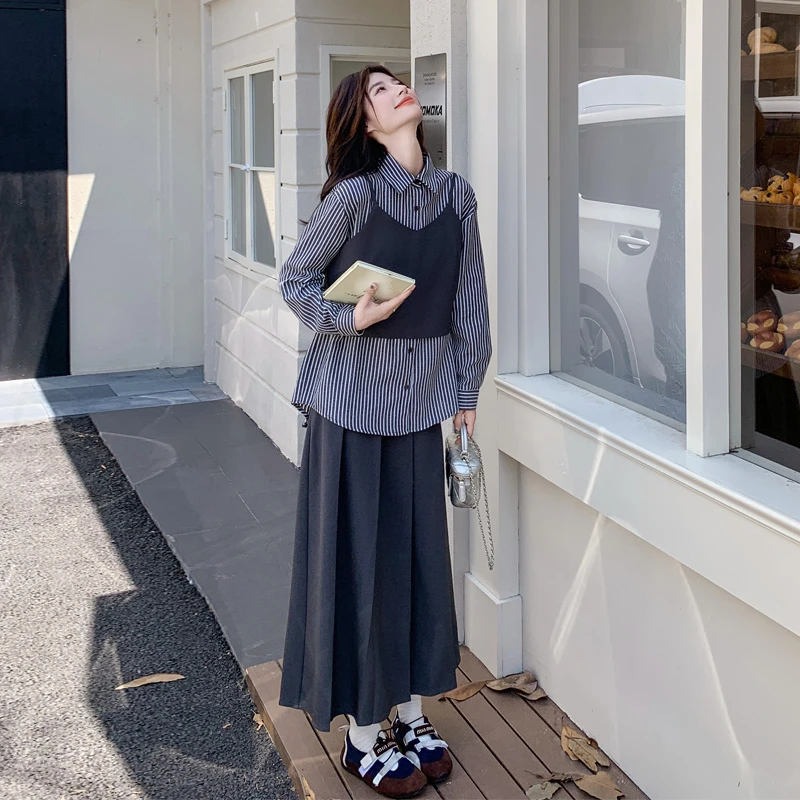通勤风条纹衬衫吊带半裙套装2025春秋新款时尚韩系ins显瘦三件套