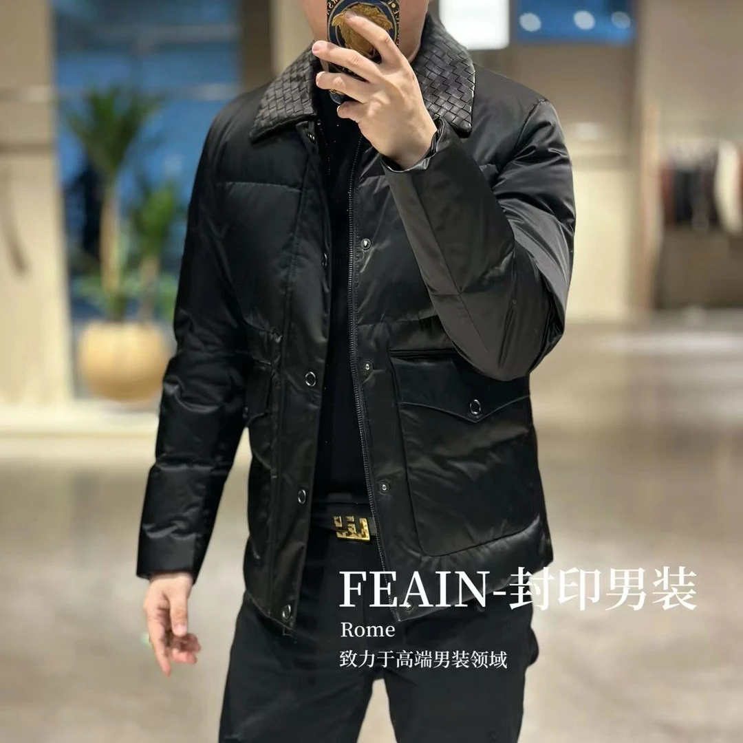 【真皮编织】高端男士手工编织真皮领立体裁剪羽绒服88909-1