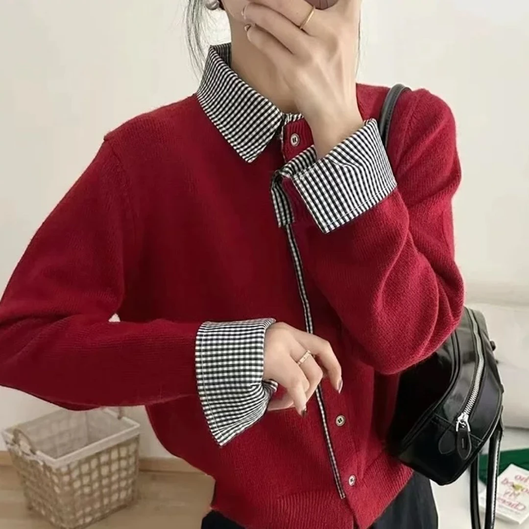 2025假两件格子领针织