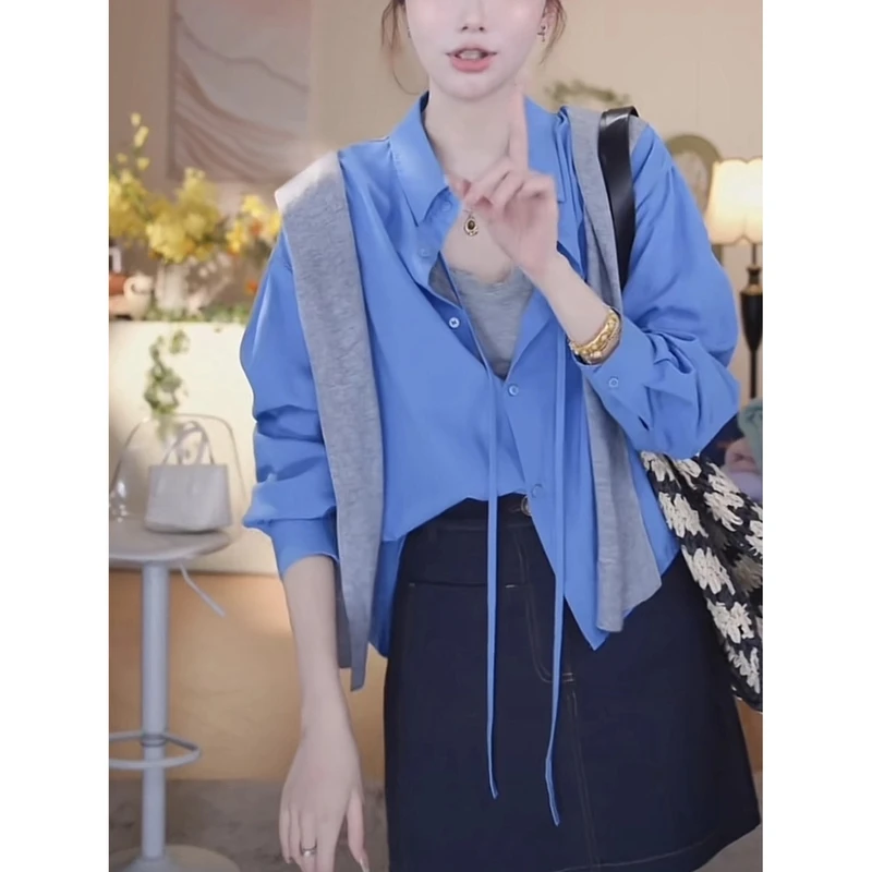 【芝士Cheese】半岛序曲 春季极简纯色长袖衬衫宽松休闲蓝色上衣