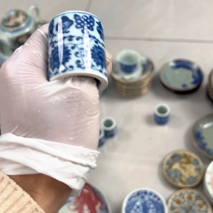 瓷片白青花缠枝莲扳指盖置全品