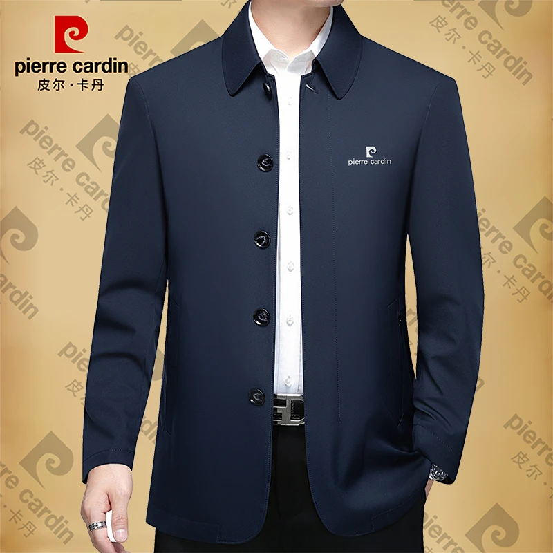 皮尔卡丹男士新款高档翻领夹克纯色茄克男装外套上衣潮春秋季时尚