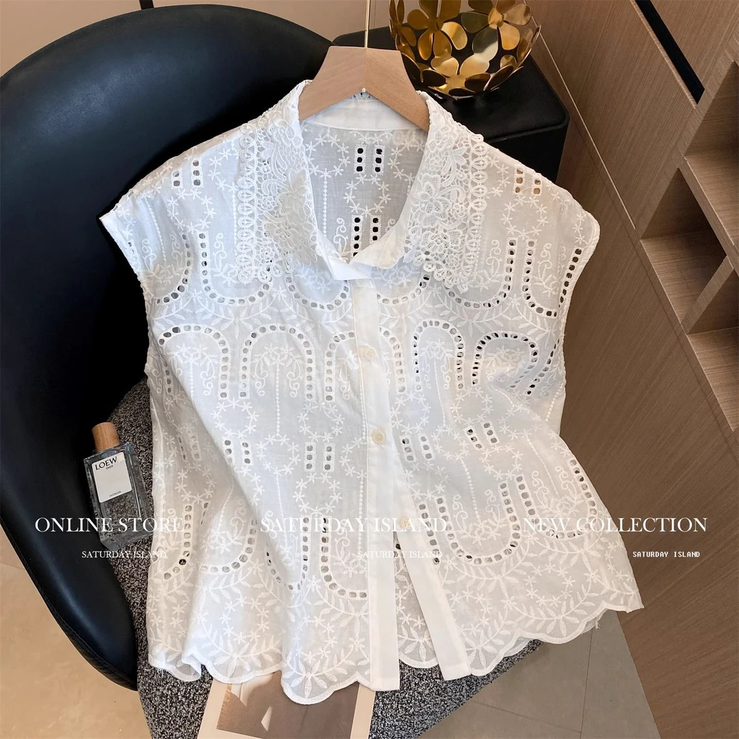 白色镂空刺绣提花Polo领无袖衬衫女2025年夏新款气质漂亮短款上衣