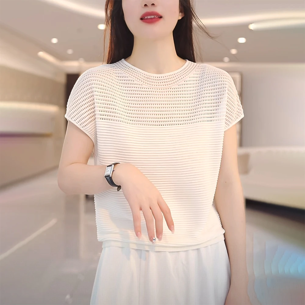 2025夏季新款白色短袖T恤女冰丝针织镂空宽松显瘦遮肉休闲上衣