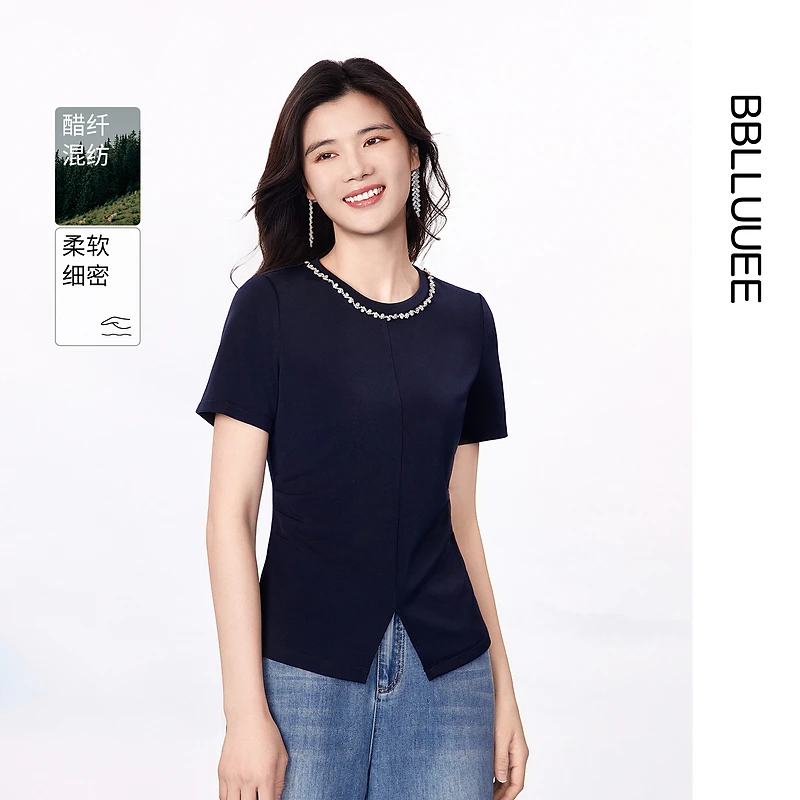 【晨粉专享价】【松弛感】粉蓝衣橱25夏款闪钻捏褶开衩醋酸