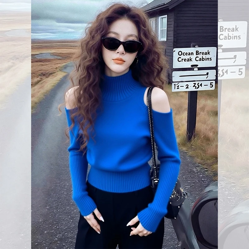 别致独特漂亮半高领内搭小衫蓝色露肩针织衫女装秋冬洋气高贵上衣