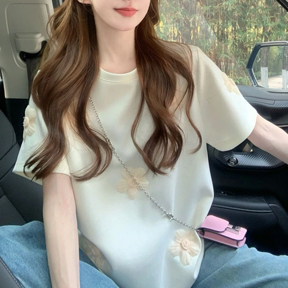 2025夏季新款胖mm大码300斤宽松立体花朵慵懒风短袖t恤减龄上衣