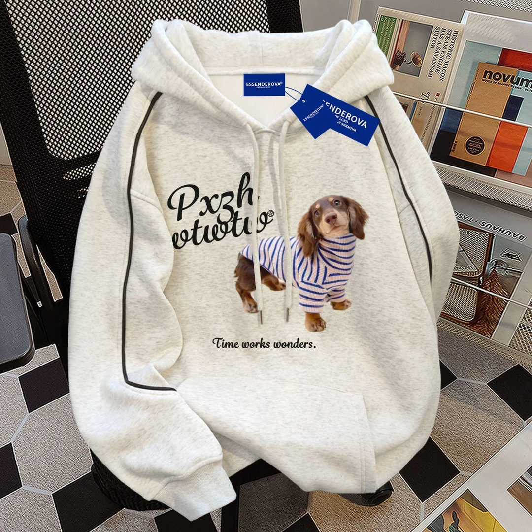 美式简约风甜美可爱拉条连帽卫衣男女秋冬季加绒加厚宽松显瘦上衣