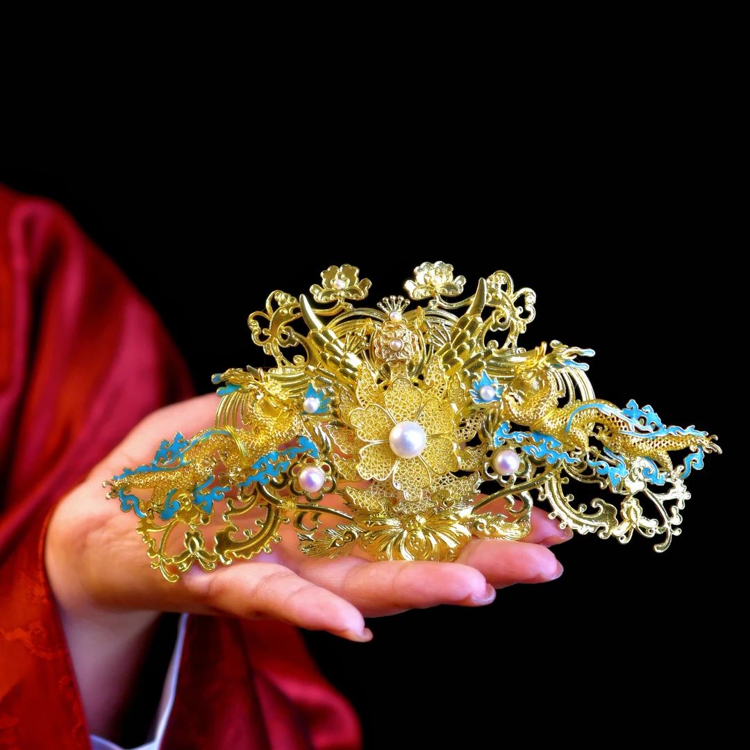 原创（双龙戏珠）明制汉服发冠重工双龙发冠汉服配饰古风发饰