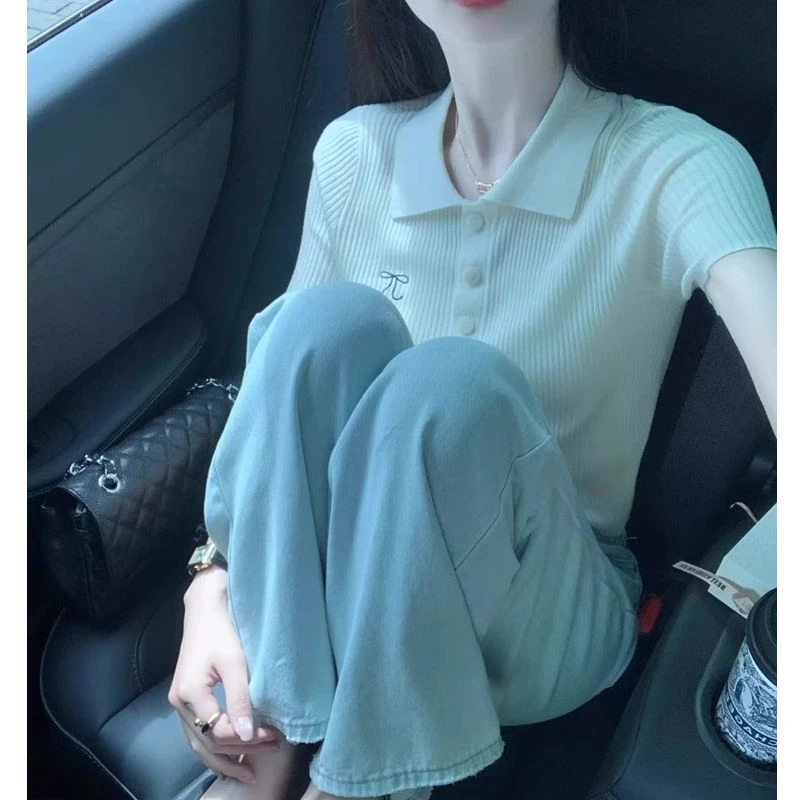 法式气质polo领刺绣正肩短袖t恤女夏季高级感冰丝针织衫翻领上衣
