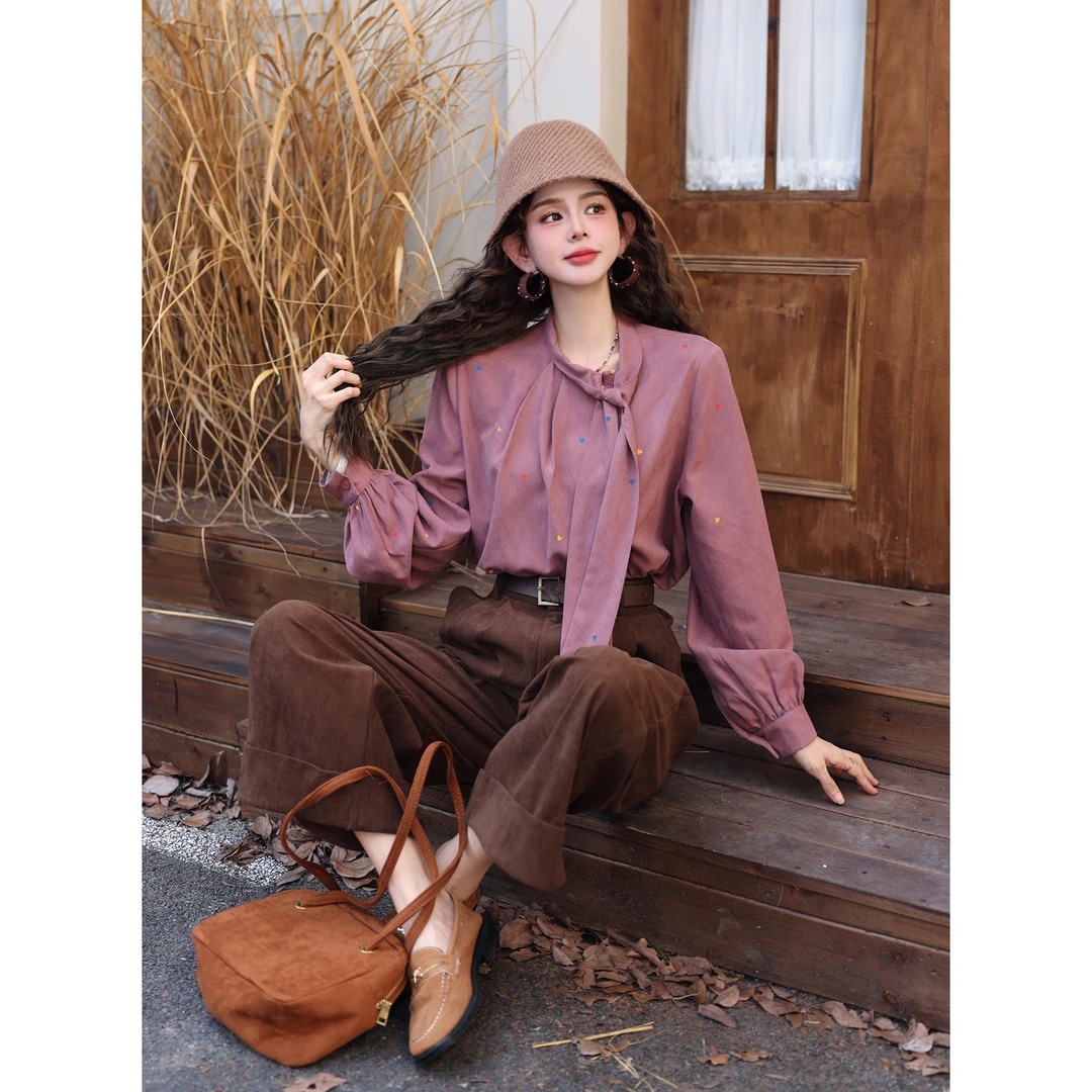 陈大器【蜜桃星云】港风复古绑带波点休闲宽松衬衫上衣JS1116364