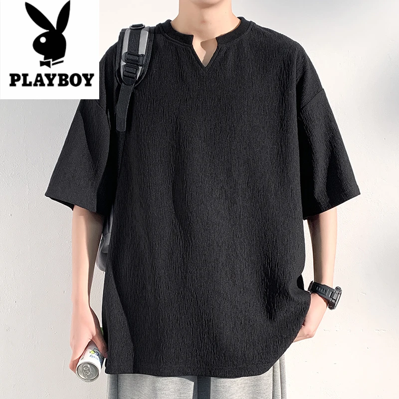 花花公子夏季休闲V领纹理感宽松薄款纯色短袖T恤男休闲打底上衣