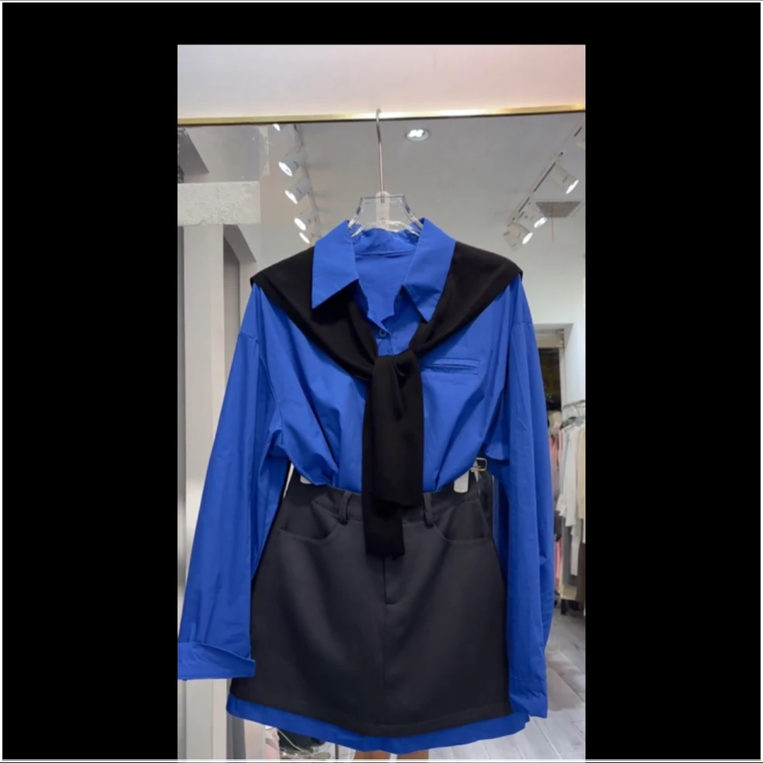 早秋韩系减龄蓝色长袖衬衫搭配半身裙时尚穿搭