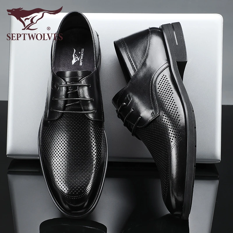 七匹狼男鞋秋季透气商务正装鞋男士真皮德比鞋黑色镂空皮鞋男真皮