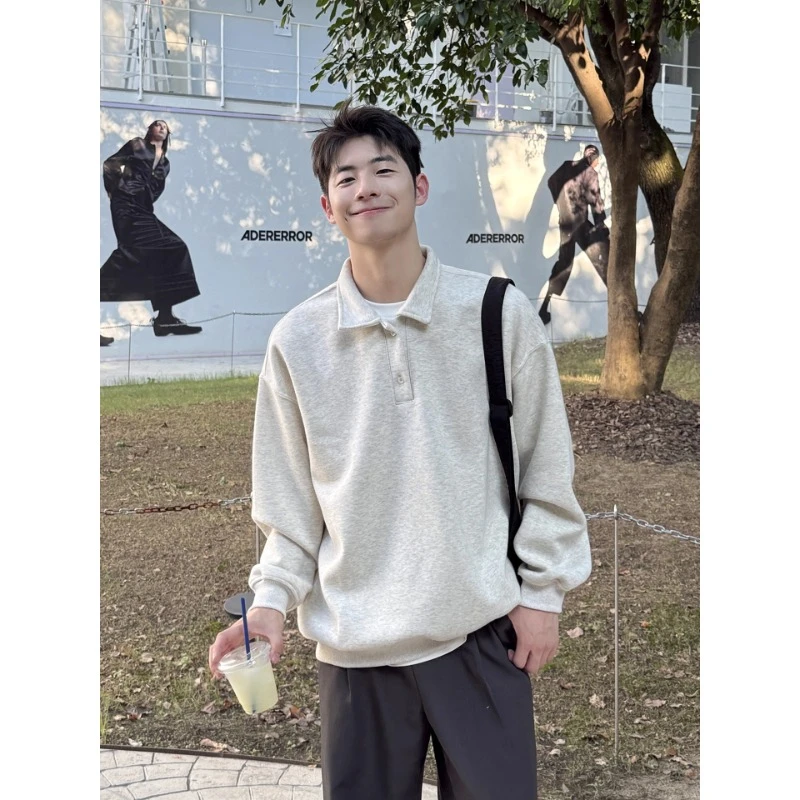 白花灰polo衫卫衣男款秋季阳光干净男生穿搭重磅翻领正肩长袖t恤