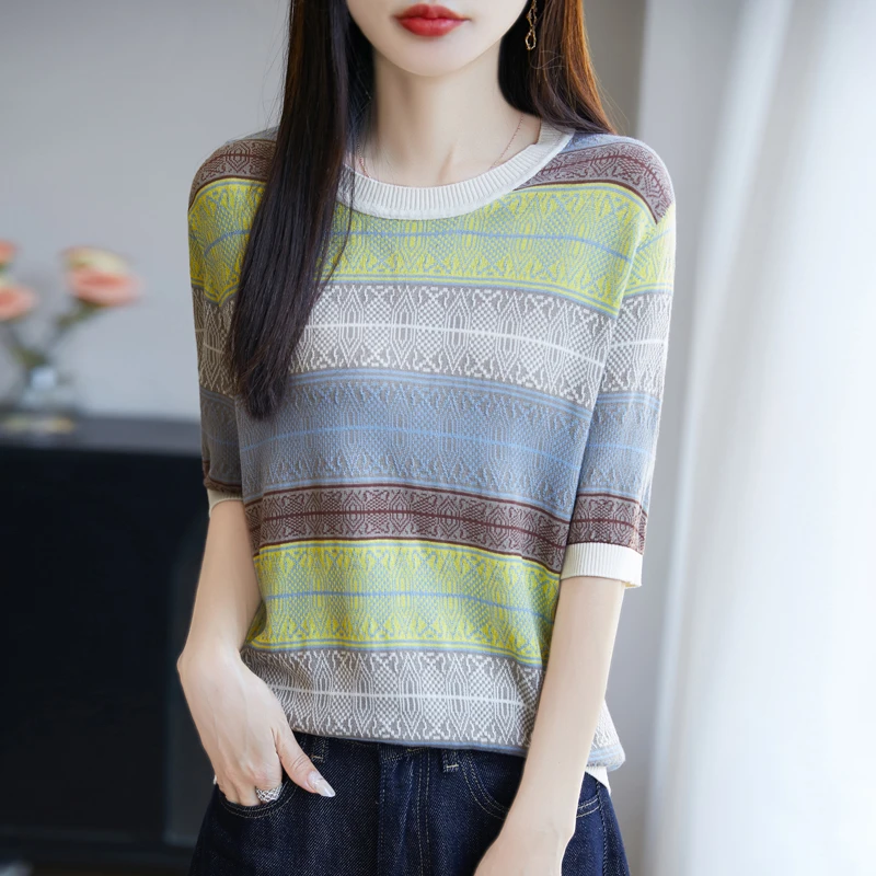 2025女装正品夏季圆领针织T恤镂空宽松显瘦T恤冰丝透气时尚上衣薄