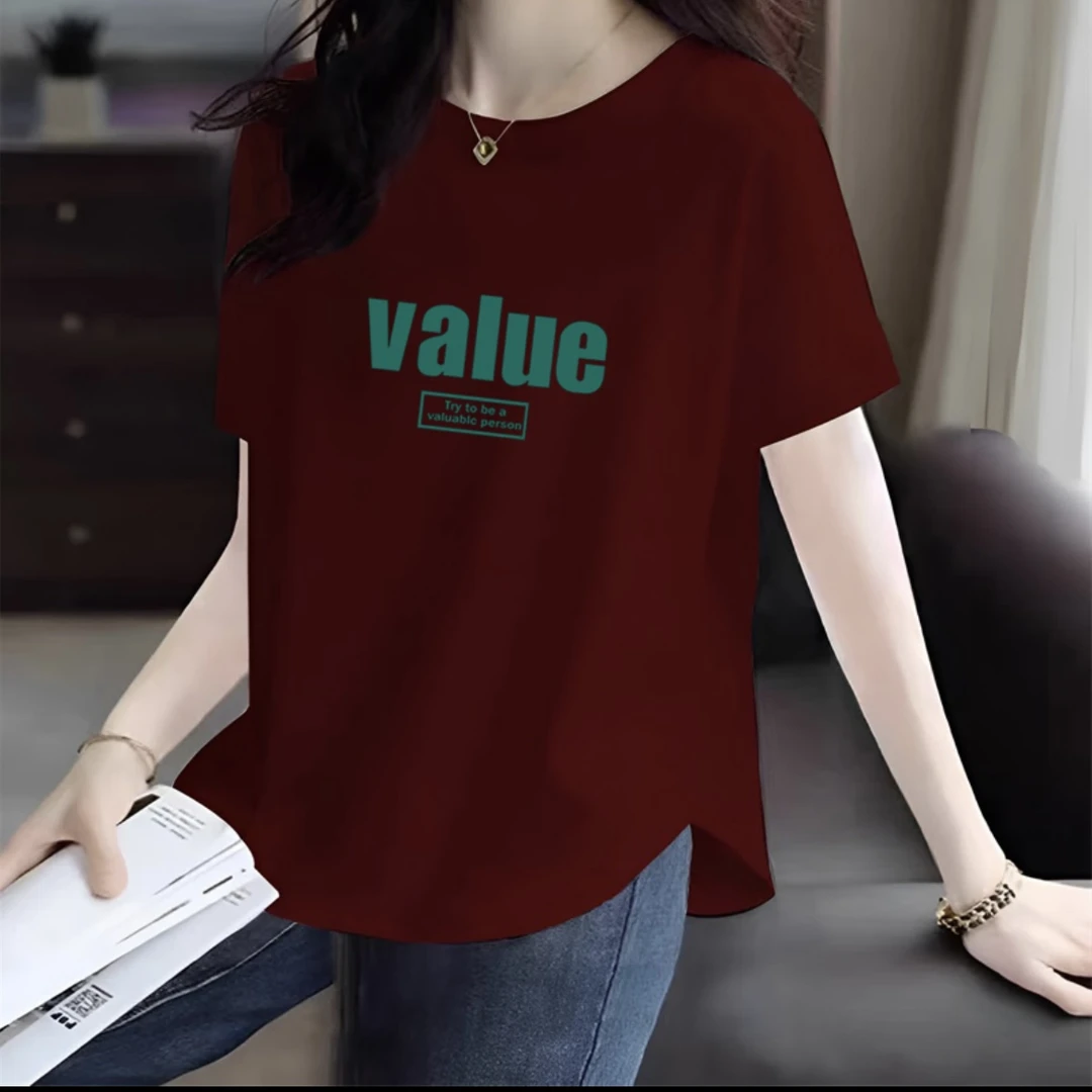 100%纯棉短袖t恤女2025夏季设计感圆弧下摆宽松大码百搭圆领上衣