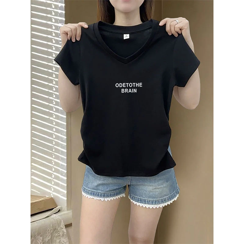 V领收腰正肩短袖t恤女装小众黑色修身显瘦高级上衣2025夏季爆款潮