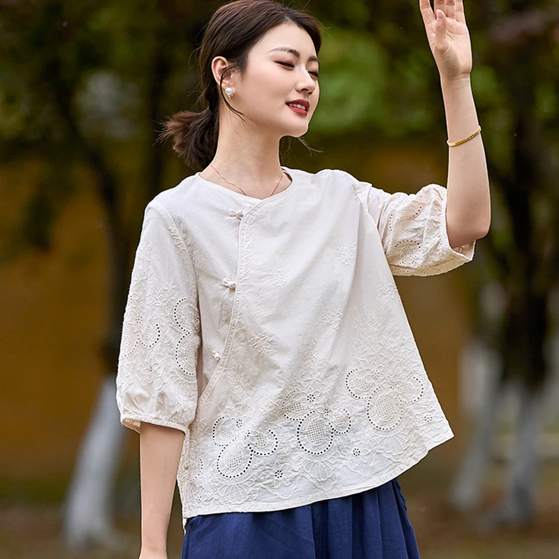 2025年夏装新款国风文艺复古圆领盘扣中袖棉麻开衫上衣女04-17-03