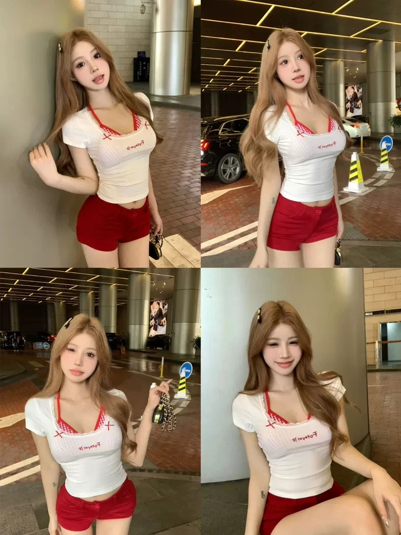 纯欲风方领刺绣格子假两件短袖T恤女夏季新款修身显瘦短款上衣服