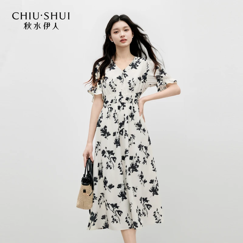 秋水伊人通勤裙子2025年夏季新款泡泡袖设计连衣裙625254M020669