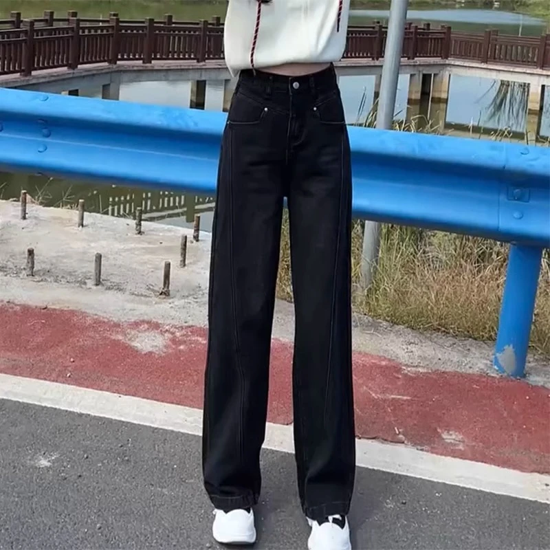 2025年春季新款修身牛仔裤女大码显瘦直筒裤遮肉显高窄版阔腿裤子