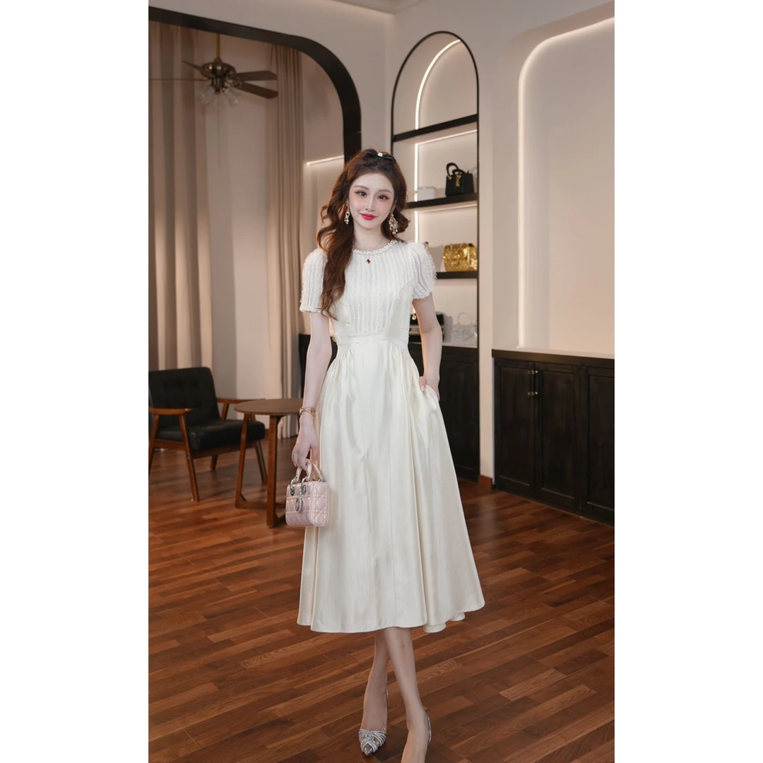 【晚晚定制】新款夏季优雅小众松紧腰连衣裙文艺高级贵气典雅45177