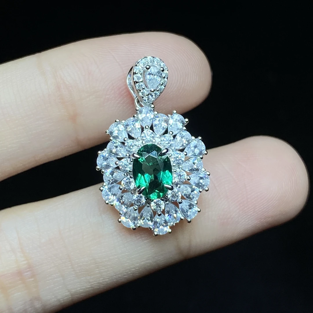 培育祖母绿【小北严选】S925银培育祖母绿吊坠5-17H199X43