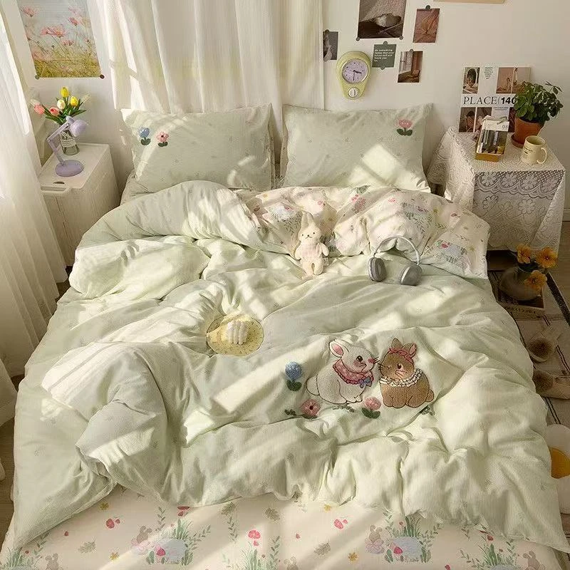 100%全棉毛巾绣纯棉四件套可爱学生宿舍被套床单三件套棉床上用品