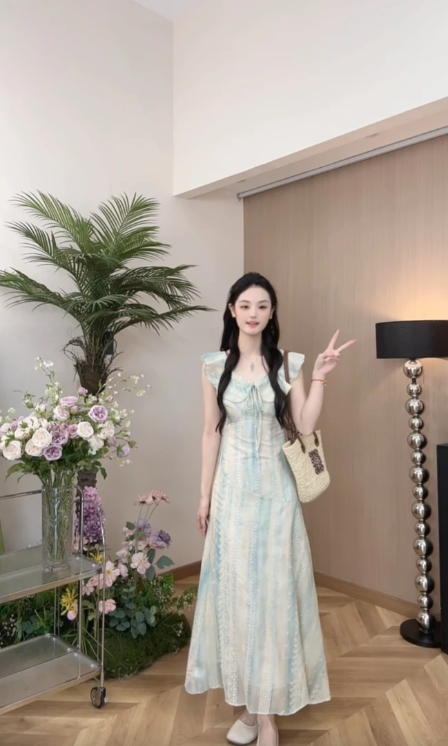 AN.XIN【墨染青花】气质木耳边撞色减龄中长款连衣裙9588